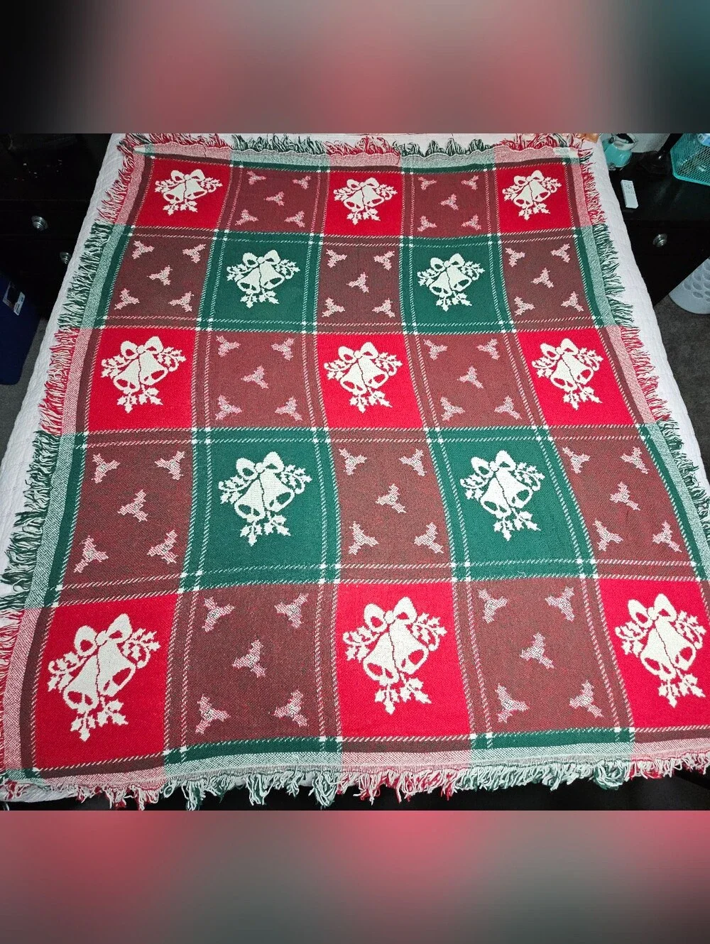 Vintage Christmas Reversible Throw Blanket W/Fringe Red Green White Bells Holly